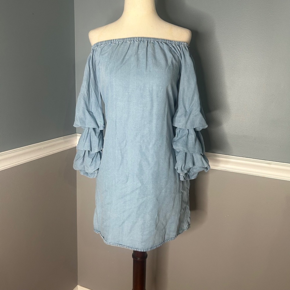 Zara Woman‎ Denim Dress Off Shoulder Ruffle Sleeve Light Blue XS